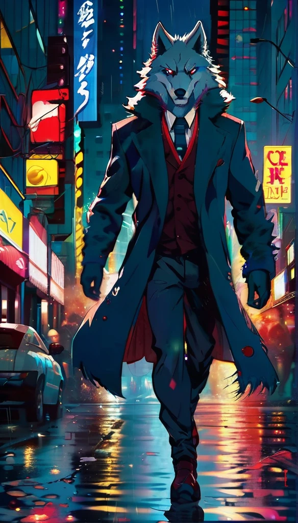(better detailing, high qualiy), furry wolf, walking around the city, (natta, glittering lights, urban environment), (dynamic framing, fierce expression, Messy hair), (eerie glowing red eyes, detailed coat), (colored spots, wet streets), (focal point on the wolf's head), (bright focus in the eyes).