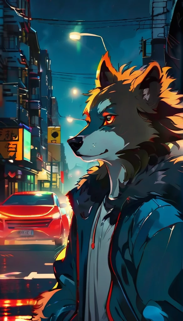 (better detailing, high qualiy), furry wolf, walking around the city, (natta, glittering lights, urban environment), (dynamic framing, fierce expression, Messy hair), (eerie glowing red eyes, detailed coat), (colored spots, wet streets), (focal point on the wolf&#39;s head), (bright focus in the eyes).