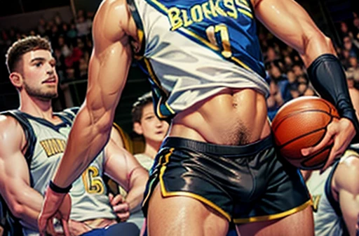 young man boy 19 years old, boy wearing a crop top and too much short shorts, Large bulge in groin, In the company of black basketball players, Surrounded by long thick black penises, strokes them and licks them