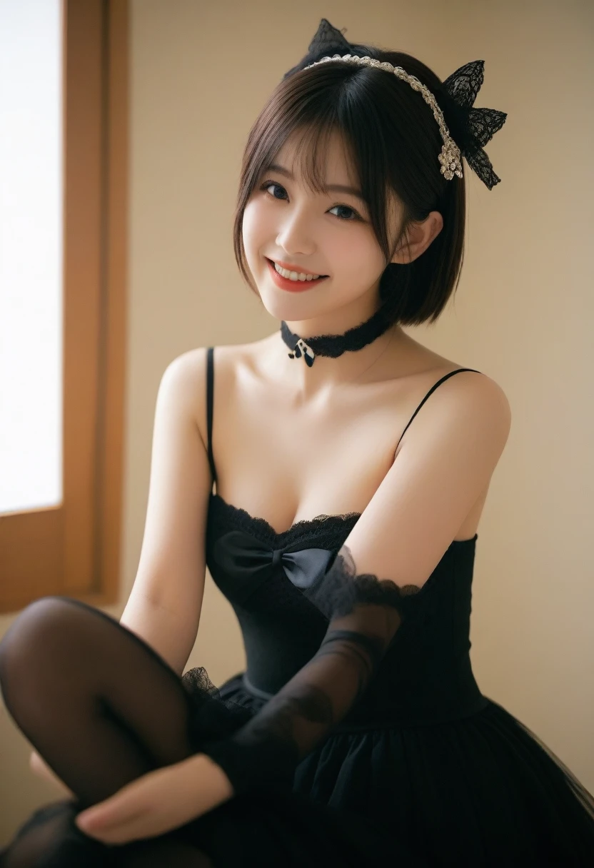 8K, Ultra-high resolution, Highest quality, masterpiece, 三分割法によるphotograph,Surreal, photograph, 1 girl, (:1.3), pretty girl, Cute face, Beautiful eyes in every detail, 細かくdetailedに,masterpiece,, One Girl:1.2, Japan Female Announcer,whole body,Young Wife,((Bondage and Gothic Lolita)),PenSkirt、Black Stockings,Black high heels、Full of cleanliness,A carefree smile,Healing the heart,short hair,Looking at the audience、beauty,Long neck、Laugh a little、Please close your mouth and laugh、(((Ideal body type))),A-cup small breasts :2,、Portraiture:2、Perfect Anatomy、鮮明なdetailed、detailed、Surreal、Light and shadow,Strong light