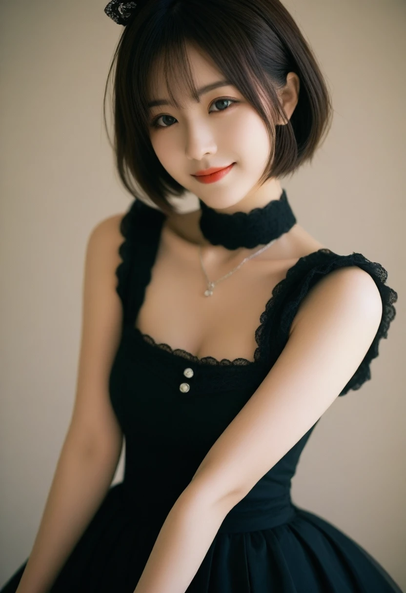 8K, Ultra-high resolution, Highest quality, masterpiece, 三分割法によるphotograph,Surreal, photograph, 1 girl, (:1.3), pretty girl, Cute face, Beautiful eyes in every detail, 細かくdetailedに,masterpiece,, One Girl:1.2, Japan Female Announcer,whole body,Young Wife,((Bondage and Gothic Lolita)),Pencil Skirt、Black Stockings,Black high heels、Full of cleanliness,A carefree smile,Healing the heart,short hair,Looking at the audience、beauty,Long neck、Laugh a little、Please close your mouth and laugh、(((Ideal body type))),A-cup small breasts :2,、Portraiture:2、Perfect Anatomy、鮮明なdetailed、detailed、Surreal、Light and shadow,Strong light