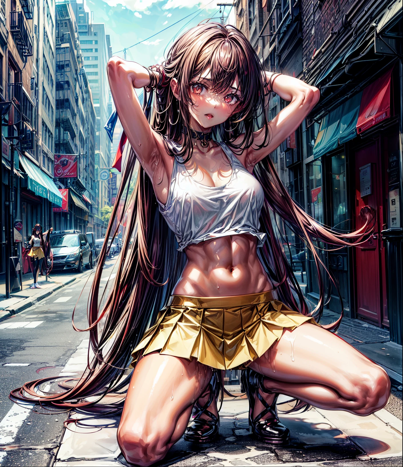 (((masterpiece, Highest quality:1.3,absurdres))),25 year old beauty,solo,((very small head:1.3)),long hair,bangs,dark red hair,dark red eyes,gorgeous eyes,shy,tongue、drooling,big breasts,((very long body:1.3)),((toned body,slender body)),skinny,((tan skin)),gleaming skin,shiny skin,sweat,((orgasm,Love juice dripping down thighs)),(White tank top、Yellow pleated mini skirt),arms up,kneeling,on street,Back Alley、New York City、