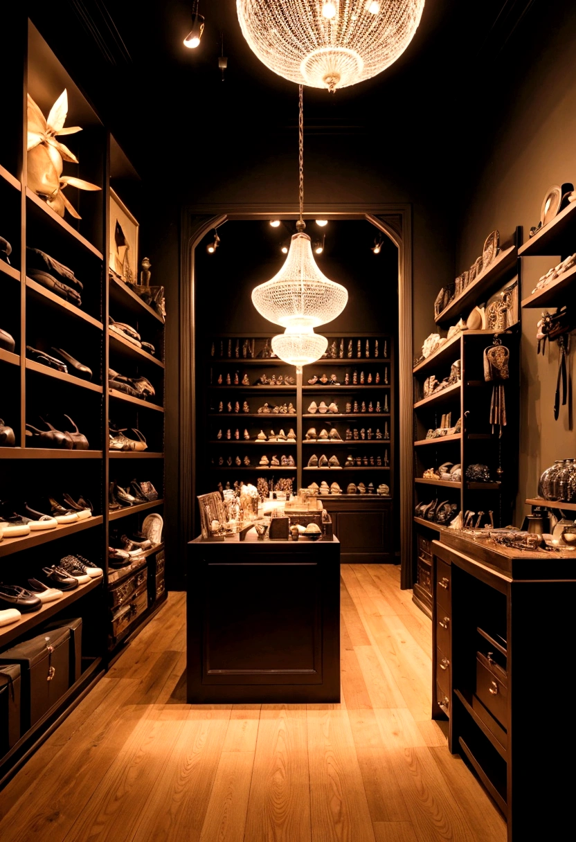 The setting is a BDSM studio or specialized store, with an elegant and well-decorated atmosphere.