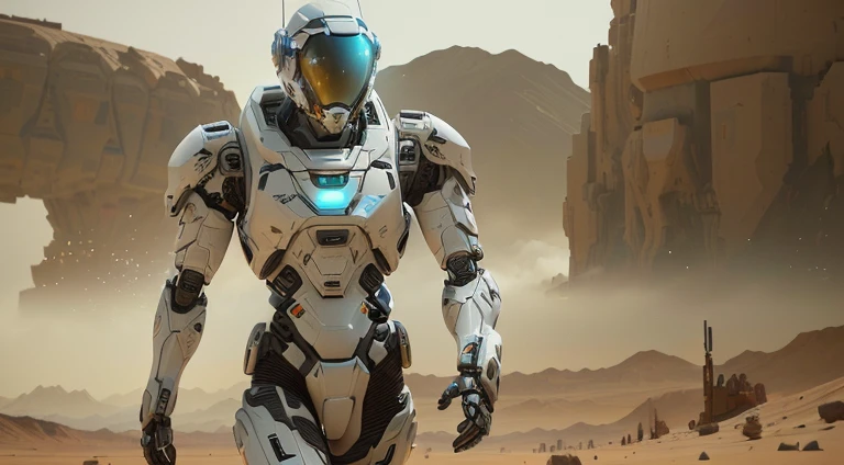 A robot walking through the desert with mountains in the background, space soldier on mars with a gun, Wearing white futuristic armor, futuristic robot body, Sci-Fi Suit, Octane Rendering SF, Futuristic space suit, Awesome Octane Rendering, hardsurface armour, Highly detailed Octane rendering, hard surface concept art, Sci-Fi Suit, Hard Surface Characters Pinterest