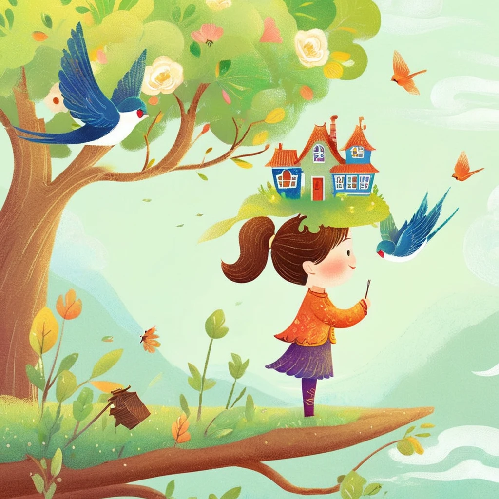 Digital illustration art, a comical illustration of a little girl adorned with many houses, trees, roots, a little swallow, etc. on her head. Her hair is composed of many houses and trees, and the background is green trees and hills (the background blends with the little girl's hair). Surrounded on both sides, it evokes the charm of a charming rural landscape. White background, the whimpering sound of Chinese calligraphy, vivid Ferdinand du Puigaudeau, Victor nizovtsev, retro tones, sparkling, reflective, best number, 8K, high-definition, high-resolution, dual exposure, beautiful digital illustrations,