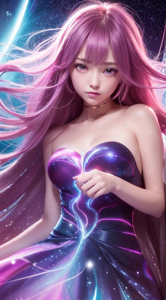 background: The mysterious quantum environment, Cosmic elements and ethereal atmosphere,A mix of bright lights and colorful nebulae. theme: A mysterious girl with a magical aura. She has been a long time, Colorful wave curls, Shiny hair stands out. His eyes are deep and expressive, Reflective Universe. She wore a flowing dress in red and white, Exquisite details and mysterious textures. Color Palette: A mysterious combination of colors, like cosmic purple, red, Soft red and a touch of gold. Create contrast, Increase depth, Dark, Such as dark red or night blue. aesthetics: aestheticsはミスティコアの要素を組み合わせた, Known for its mysterious and fantastical atmosphere, Crystalcore, Crystal clear and sparkling details. The girl exudes magical energy.,Her presence hovers over her,Fascinating. Covered with: Places subtle light effects and glitter overlays around the girl, Covered with: Adds a soft glow effect around the girl and the crystals, It's like magic is emanating. Also, Add flash details to enhance the ethereal atmosphere, Full Body Capture.