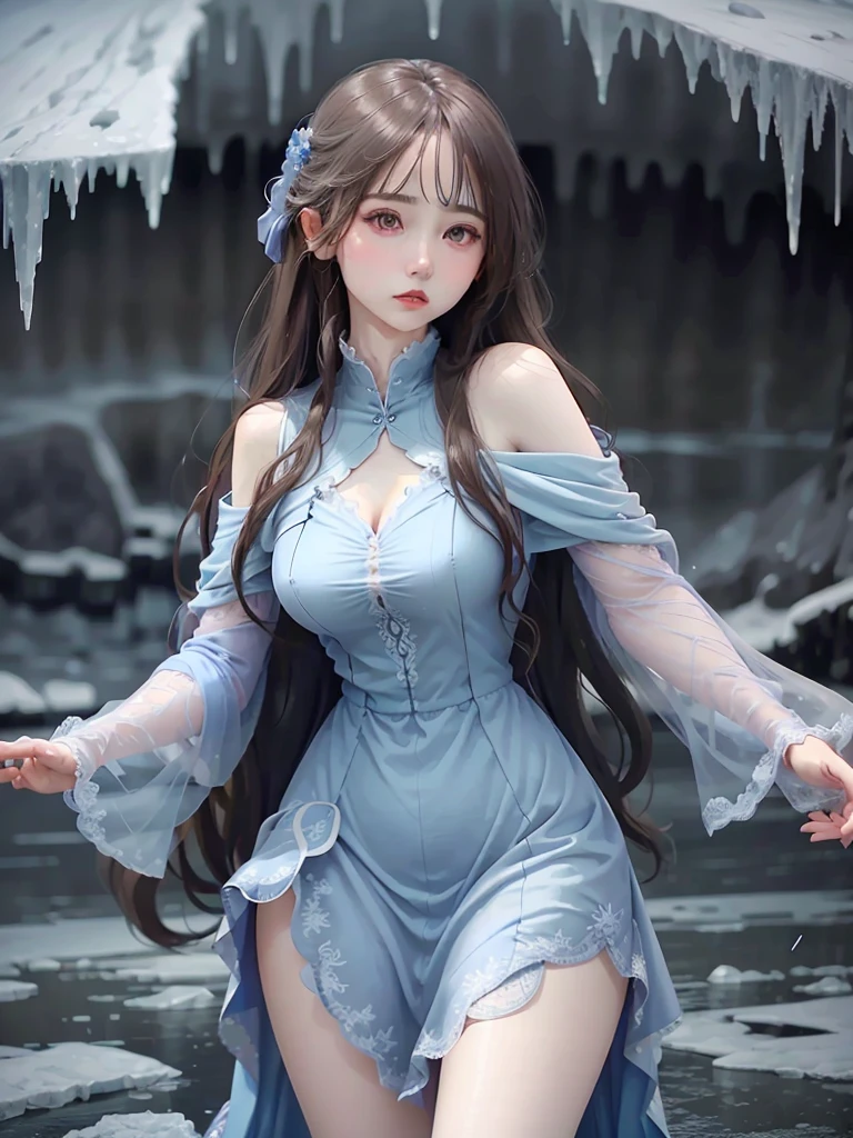 A beautiful woman in a blue dress and long hair, Her intense gaze and pale skin contrast with the cold ice landscape that surrounds her.. The detail in her dress and hair is impressive., Every fold and strand of hair is meticulously rendered in this hyper-realistic work of art..