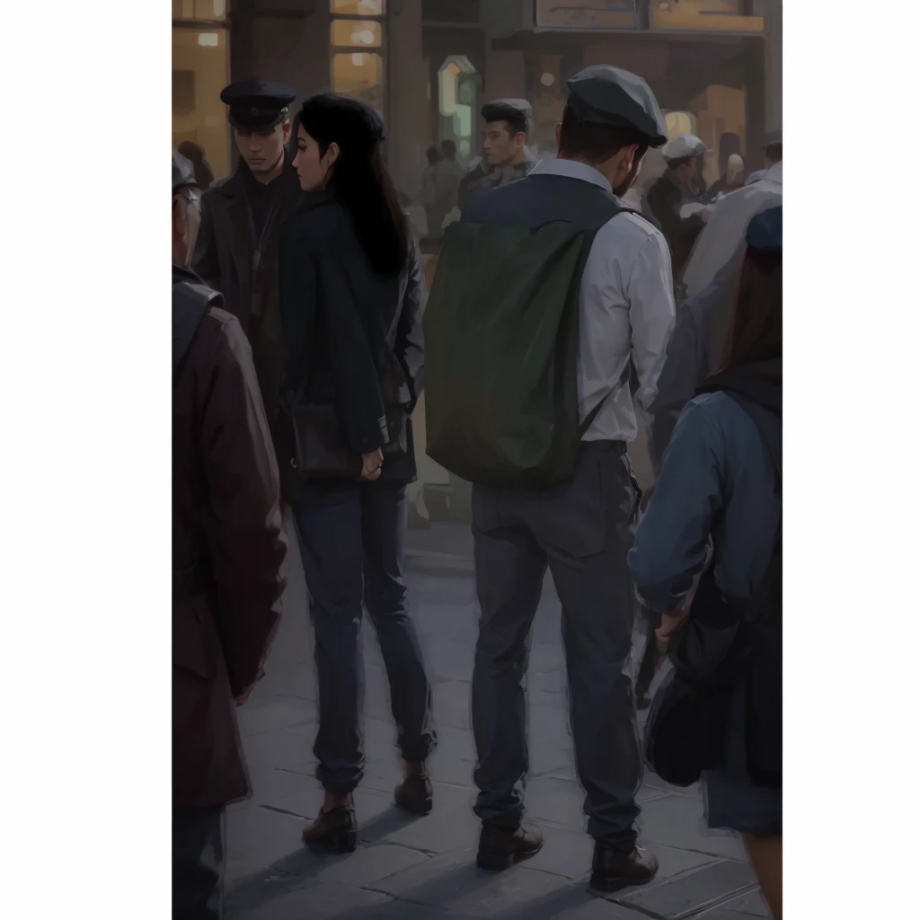 In a city in Europe, a couple on the left is talking, to their side is a man with a beret, carrying a large green bag. Photorealism, full view, highly detailed image, very realistic, hyperrealism, Ultra HD, 8k, 5, sharp focus, intricate and mysterious masterpiece. (Long exposure photography Very detailed close-up portrait artistic illustration: final quality, medium shot, backlight, Rich and striking. Enigmatic and mysterious manipulations (composition of the rule of thirds), ((detailed environment with strong lines) Lo best quality, in camera, white light, warm and clean aesthetics, dazzling screen composed of millions of brilliant ultraviolet rays, HDR.