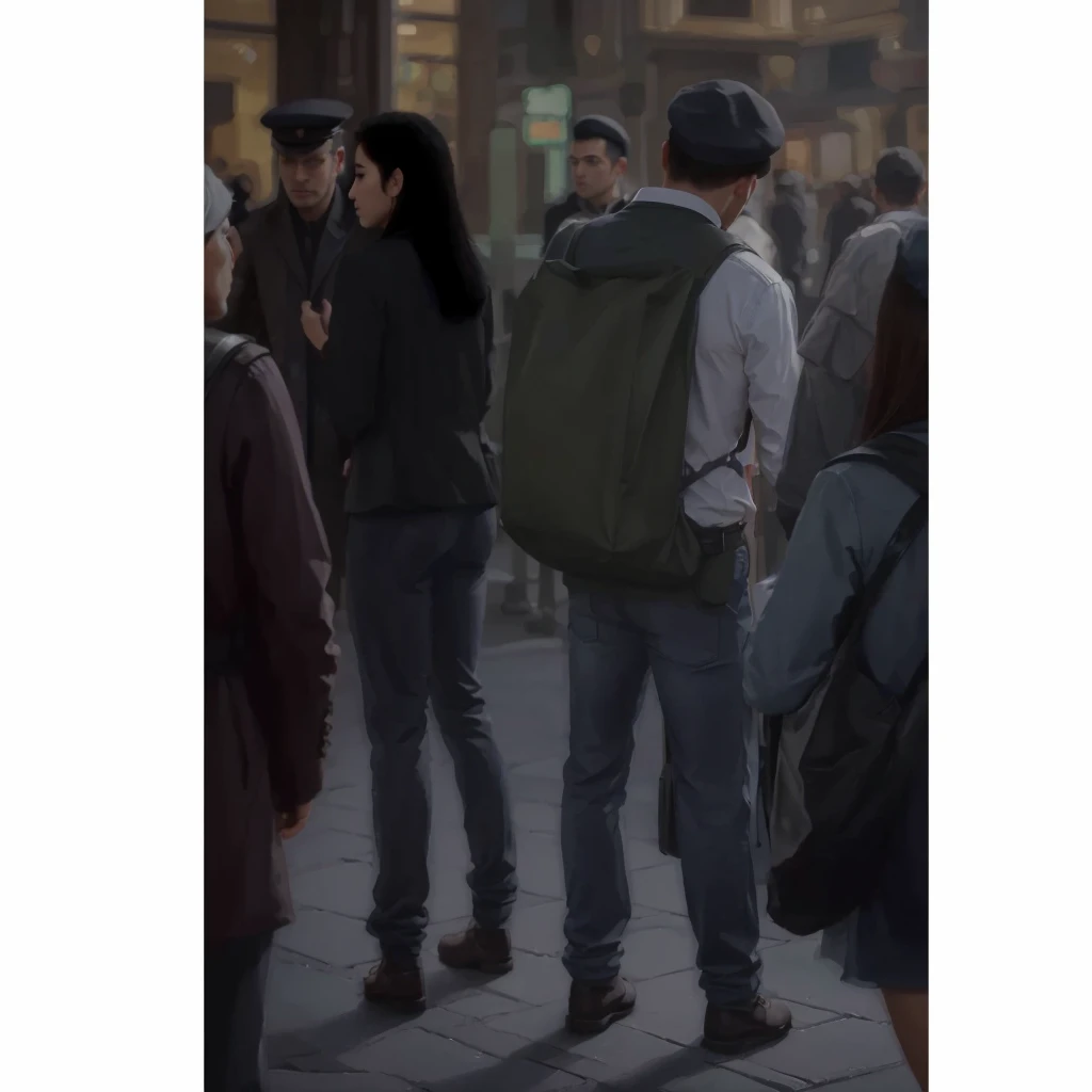 In a city in Europe, a couple on the left is talking, to their side is a man with a beret, carrying a large green bag. Photorealism, full view, highly detailed image, very realistic, hyperrealism, Ultra HD, 8k, 5, sharp focus, intricate and mysterious masterpiece. (Long exposure photography Very detailed close-up portrait artistic illustration: final quality, medium shot, backlight, Rich and striking. Enigmatic and mysterious manipulations (composition of the rule of thirds), ((detailed environment with strong lines) Lo best quality, in camera, white light, warm and clean aesthetics, dazzling screen composed of millions of brilliant ultraviolet rays, HDR.