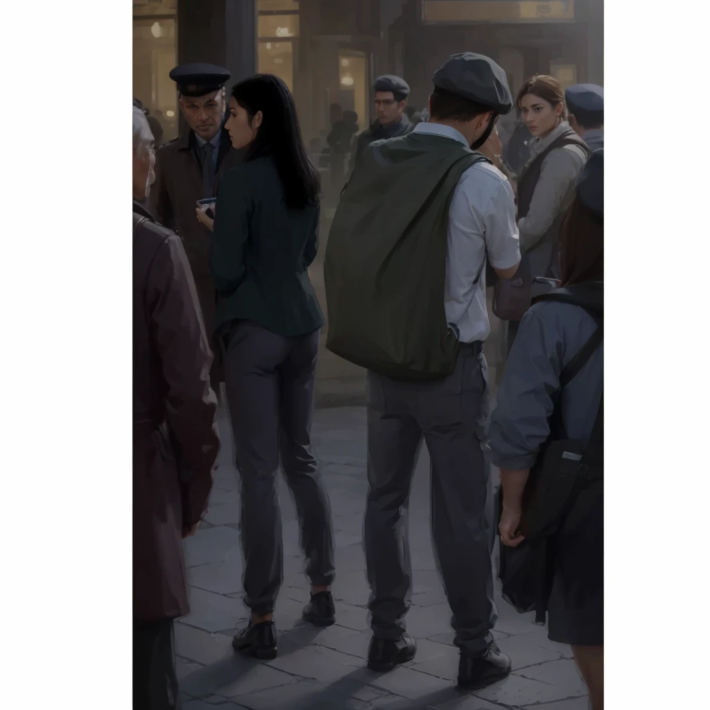 In a city in Europe, a couple on the left is talking, to their side is a man with a beret, carrying a large green bag. Photorealism, full view, highly detailed image, very realistic, hyperrealism, Ultra HD, 8k, 5, sharp focus, intricate and mysterious masterpiece. (Long exposure photography Very detailed close-up portrait artistic illustration: final quality, medium shot, backlight, Rich and striking. Enigmatic and mysterious manipulations (composition of the rule of thirds), ((detailed environment with strong lines) Lo best quality, in camera, white light, warm and clean aesthetics, dazzling screen composed of millions of brilliant ultraviolet rays, HDR.