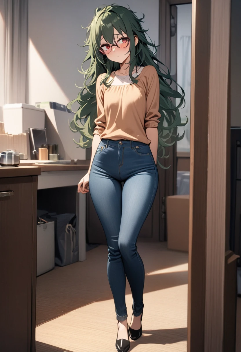 masterpiece, best quality, 1 female, solo, 35 year old female,full body,standing ,shoot from behind,casual outfit, jeans,flat chest,Long Hair, Dark Green Hair,messy hair,glasses, red eyes,Shy , wide hips,tall,in room,ass