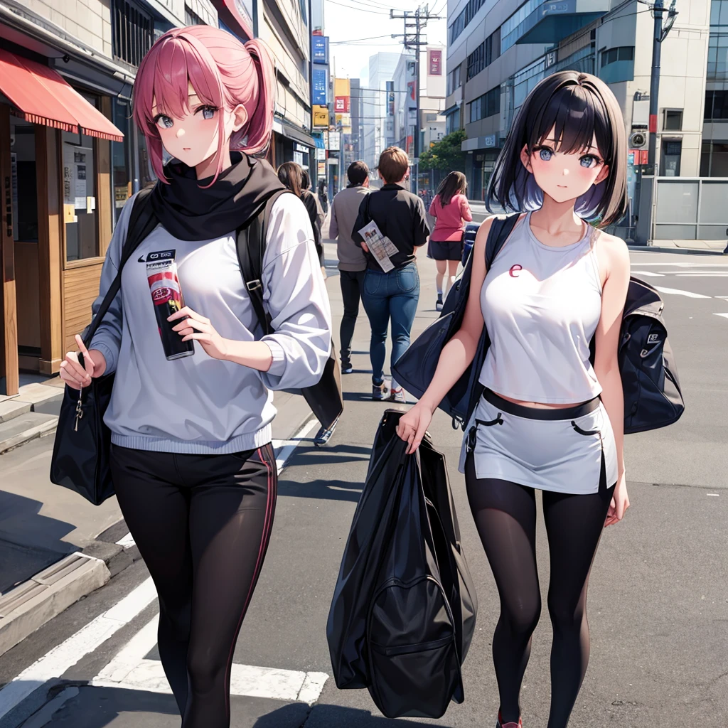 A cool, beats looking girl, from japan, walking on the street, in mikroskirt, wearing skinny top.