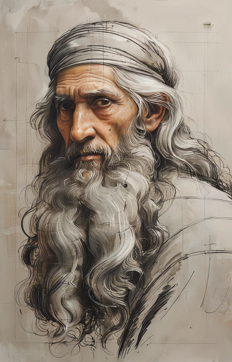 I make lots of sketches and notes in my room.,Gray Hair,Long Hair,back view of old man