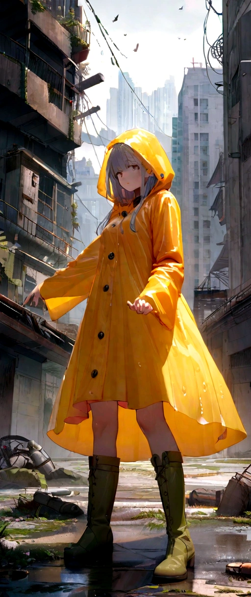 Ellie Human kneeling in raincoat and boots, arms, it&#39;s raining, Cowboy Shot,
8K, 4K, Ultra-high resolution,  Post-apocalyptic ,Post-apocalyptic scenery, Ruined_Cityscape, Cityscape