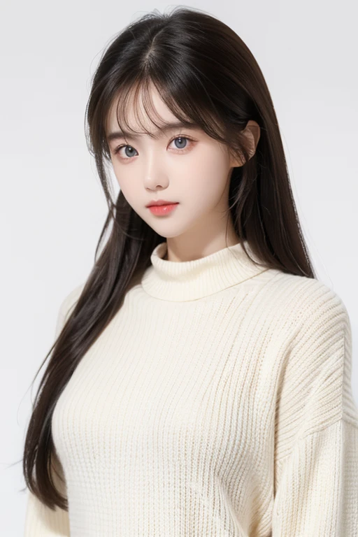 1girl with prefect body sweater,white background,pretty eyes and white skin long brown hair style
