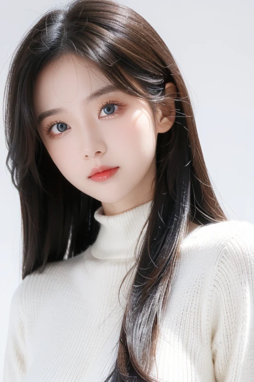 1girl with prefect body sweater,white background,pretty eyes and white skin long brown hair style
