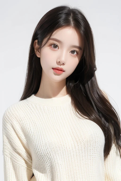 1girl with prefect body sweater,white background,pretty eyes  and white skin long brown hair style 
