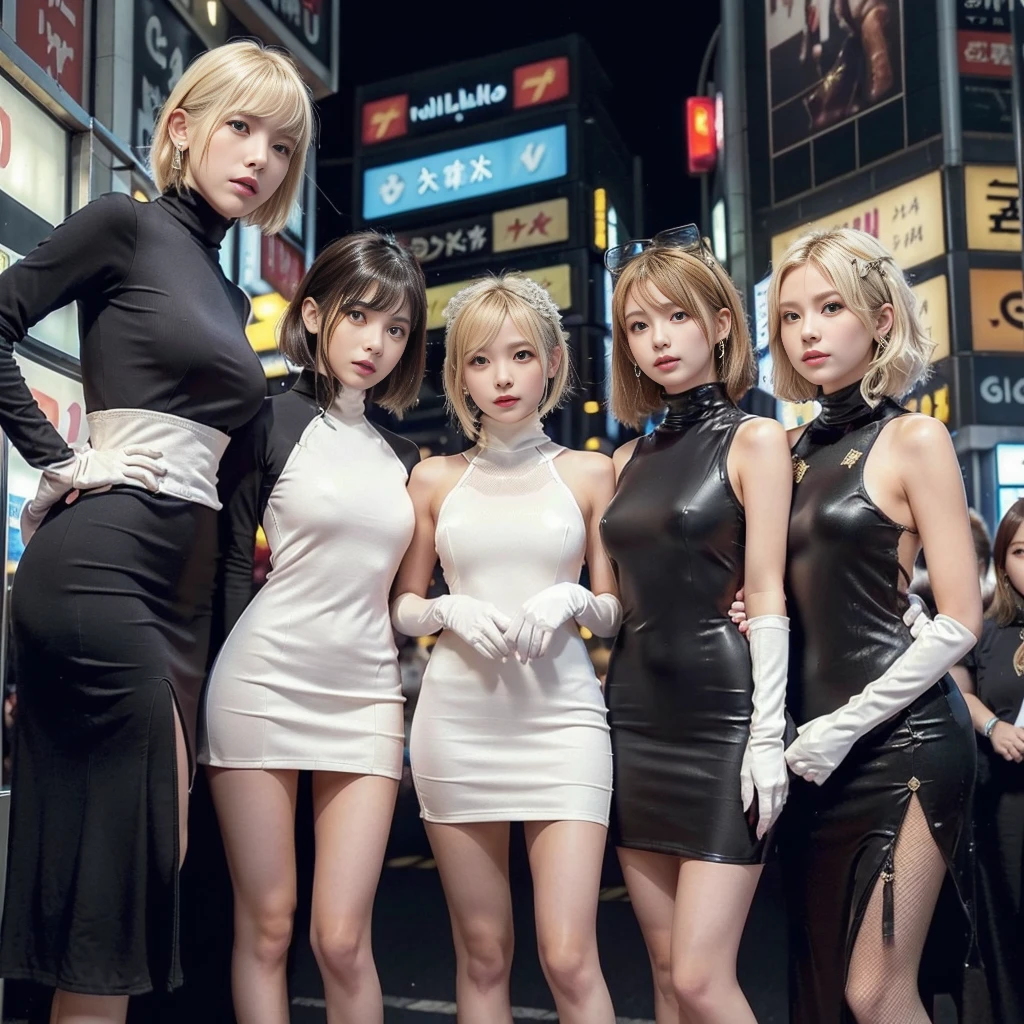 masterpiece, top-quality, top-quality, Beautifully Aesthetic:1.2, ((4 girls)),
((Middle girl is Wearing high neck Chinese dress, long gloves, miniskirt:1,4), high detailed,
((Left girl is Wearing high neck Chinese dress, long gloves, miniskirt:1,4), high detailed,
((Right girl is Wearing high neck Chinese dress, long gloves, miniskirt:1,4), high detailed,
(Three girls are standing side by side in a neat line:1.3), large breasts, firm breast, nicely shaped breasts, slender figure,
(((Bleached Hair))), ((mesh hair)), (short hair:1.2),
((At the middle of very crowded Shibuya Scramble Crossing at late night:1.2)), (Full body shot:1.1), (Looking at viewer), lower angle, shot from below