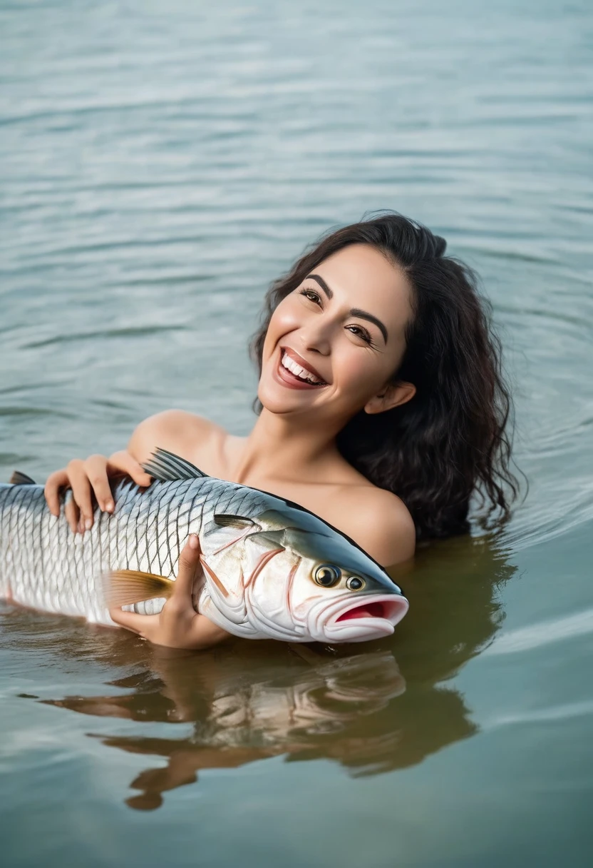 view from side, short adorable latina model mom nude (wide hips , trimmed pussy hair), (high detail face) laying next to water using a fish like a dildo, sliding fish inside her pussy, flirty smile