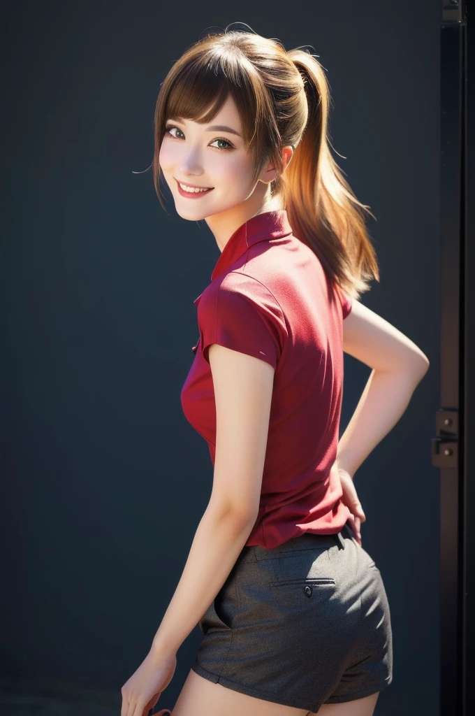 masterpiece, 8k, arafed image of a woman in a red shirt with blond hair, short pants, RAW photo, (pony tail:1.2), (short bangs), smile, photo quality, extremely detailed artgerm, beautiful alluring woman, style artgerm, artgerm on artstation pixiv, artgerm lau, like artgerm, range murata and artgerm, artgerm style, girl cosplay