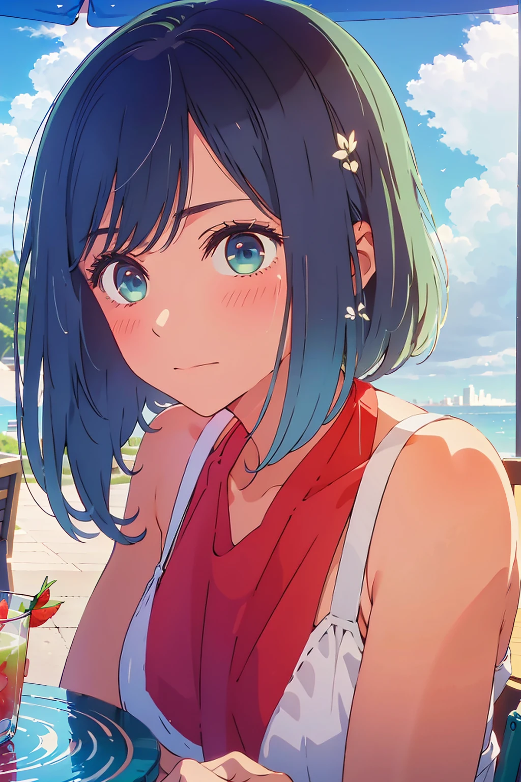 (Highest quality:1.4、8K:1.4、detailed)、F cup bust、Big Breasts、Slim body、Very white beautiful skin、((((1 person、Surprised expression、sit、Chair、In the background are the urban buildings of Tokyo、looking at the camera、Outdoor café terrace、coastal、bikini、Navy hair color、juice、Shooting up close、table、Very cute face))))、(Pose of putting hair behind ears with hands:1.4）、Areola、Very blue sky、A completely cloudless sky