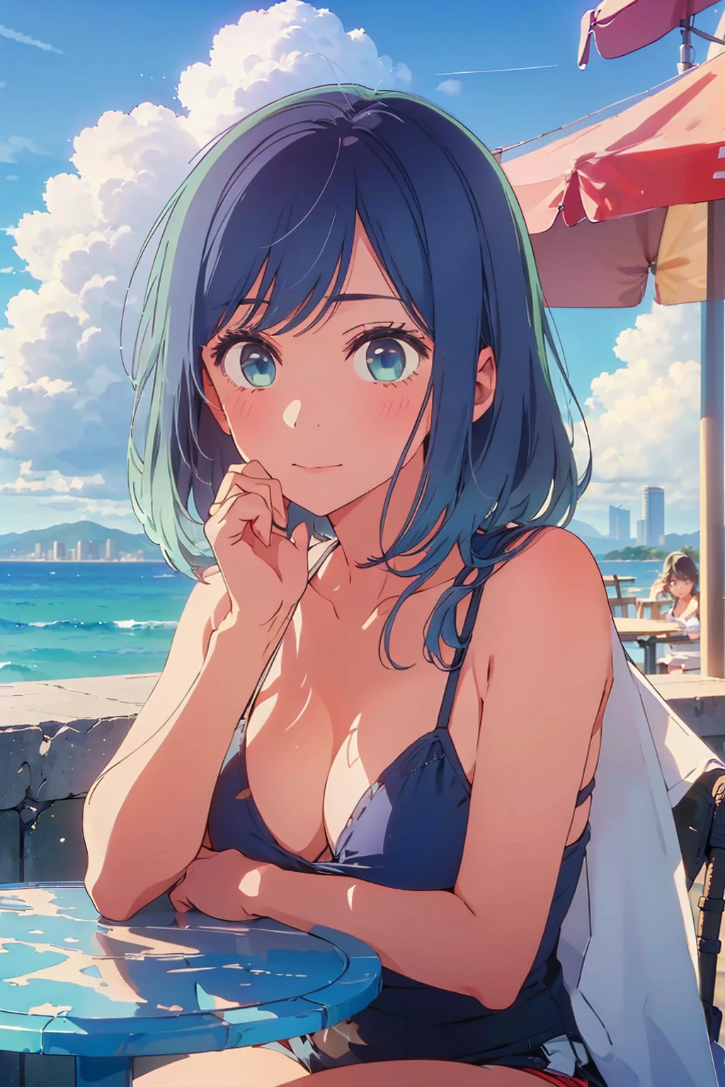 (Highest quality:1.4、8K:1.4、detailed)、F cup bust、Big Breasts、Slim body、Very white beautiful skin、((((1 person、Surprised expression、sit、Chair、In the background are the urban buildings of Tokyo、looking at the camera、Outdoor café terrace、coastal、bikini、Navy hair color、juice、Shooting up close、table、Very cute face))))、(Pose of putting hair behind ears with hands:1.4）、Areola、Very blue sky、A completely cloudless sky