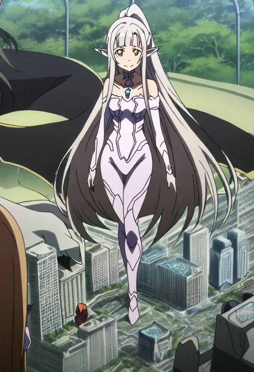 2girls, multiple girls, (mother and daughter:1.3), anime style, 4k quality, masterpiece, best quality, sword art online, "asuna is mother , long hair, white hair, very long hair, high ponytail, pointy ears, elf, ear covers, medium breasts ","yui is daughter , long hair, blunt bangs, white hair, very long hair, high ponytail, pointy ears, elf, flat chest", collarbone, ultrawoman, ultragirl, bodysuit, robot, colored skin, glowing eyes, yellow eyes, giantess, giant, metallic face, metallic skin, shiny skin, chrome skin, gem on chest, colour timer on chest, chest jewel, blue jewel, muscular, thick_thighs, looking at viewer, full body, smile, closed mouth, standing, giantess, outdoor, city, citycape, skyscraper