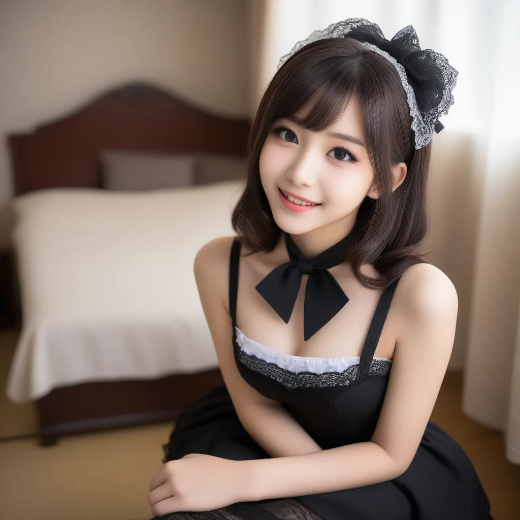 8K, Ultra-high resolution, Highest quality, masterpiece, 三分割法によるphotograph,Surreal, photograph, 1 girl, (:1.3), pretty girl, Cute face, Beautiful eyes in every detail, 細かくdetailedに,masterpiece,, One Girl:1.2, Japan Female Announcer,whole body,Young Wife,((Bondage and Gothic Lolita)),PenSkirt、Black Stockings,Black high heels、Full of cleanliness,A carefree smile,Healing the heart,short hair,Looking at the audience、beauty,Long neck、Laugh a little、Please close your mouth and laugh、(((Ideal body type))),A-cup small breasts :2,、Portraiture:2、Perfect Anatomy、鮮明なdetailed、detailed、Surreal、Light and shadow,Strong light
