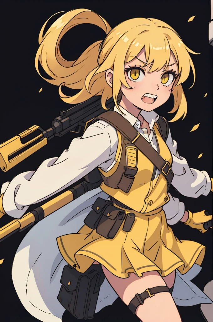 1 Girl、solo、skirt、Blonde Hair、Simple Background、Thighs、gloves、White background、Keep、、Yellow Eyes、arms、teeth、arms、gun、鋭いteeth、gun、rifle、アサルトrifle、holster、Trigger Discipline、Thighsholster、scope、holsterarms、Load-bearing vest、AR-15