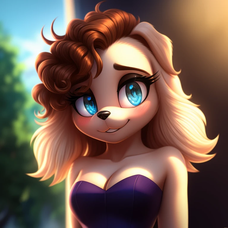 Fay Spaniel, strapless tight dress, cleavage, two-tone hair (brown hair, black tip)), curly hair, halo, sunglasses, jewelry, aqua eyes, longeyelashes, aqua eyes, smile, shy, blush, high detail, masterpiece, UHD, anatomically correct, super detail, highres, 4K