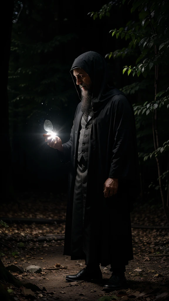 {A Muslim man in traditional attire, standing in a dark, eerie forest, throwing a stone at a ghostly figure emerging from the shadows, Photorealistic Image, low light, Canon EOS 5D Mark IV, medium shot, highly detailed, 4K resolution, HDR, moonlight}
