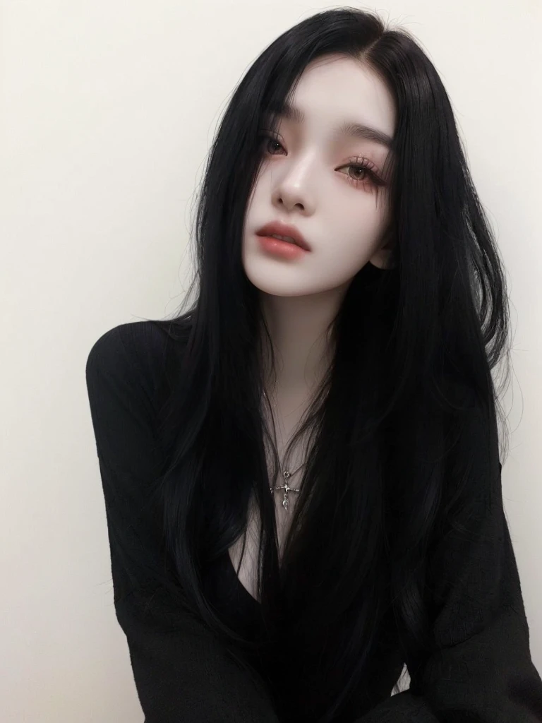 arafed woman with long black hair and a black top, cruel korean goth girl, pale gothic beauty, 18 years old, with long dark hair, with long black hair, with black hair liso, 1 6 , she has black hair, 1 7 year old girl, with black hair, Xisionwu, fair and pale skin!!