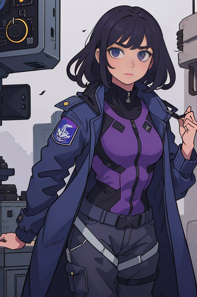 （Dark Hair） ((( body))), (((One Girl))), 25-year-old American soldier with perfect body,,Beautiful and well-groomed face,muscular body:1.2,Plain royal blue jacket with attention to detail, (Head to thigh photo)， Complex Equipment, Dark purple coat，Long trousers，The clothes inside are dark，Clothing with metal electronic parts,Tech Armor )