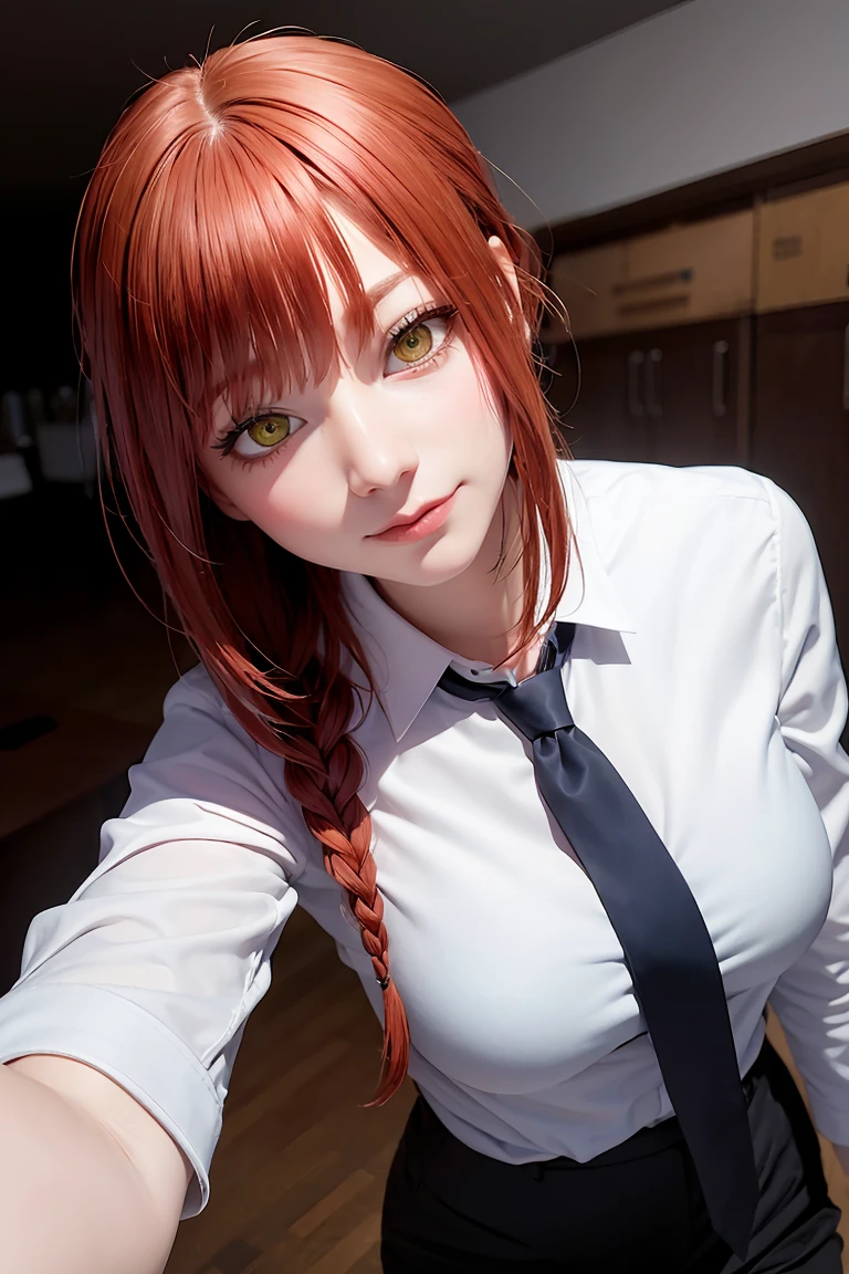 (masterpiece, best quality, high quality, highres, ultra-detailed), 1girl, red hair, single braid, ringed eyes, yellow eyes, golden eyes, bangs, blue sky, white shirt, black necktie, long office pants, low angle view, looking down at viewer, , closed mouth, light smile, night time, upper body, mature lady, scary smile, Makima