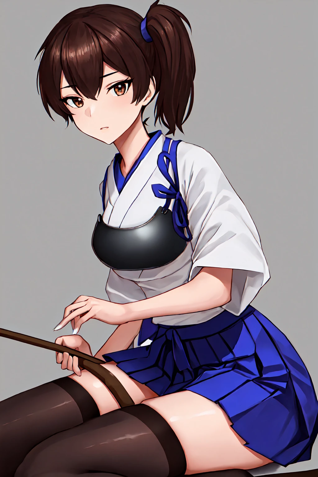 best quality, masterpiece, highres, solo, {kaga_kantaicollection:1.15}, brown_hair, side_ponytail, brown_eyes, short_hair, breasts, long_hair, 1girl, hakama, hakama_skirt, japanese_clothes, skirt, tasuki, hakama_short_skirt, blue_hakama, looking_at_viewer, muneate, simple_background, black_thighhighs, large_breasts, sitting, thighhighs