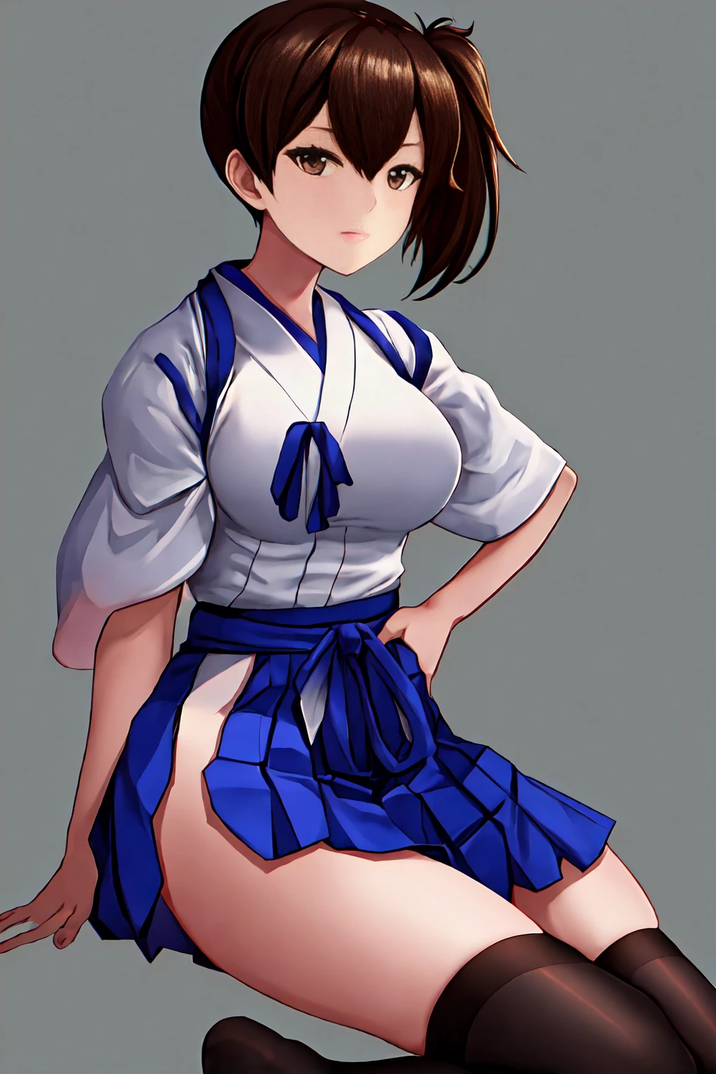 best quality, masterpiece, highres, solo, {kaga_kantaicollection:1.15}, brown_hair, side_ponytail, brown_eyes, short_hair, breasts, long_hair, 1girl, hakama, hakama_skirt, japanese_clothes, skirt, tasuki, hakama_short_skirt, blue_hakama, looking_at_viewer, muneate, simple_background, black_thighhighs, large_breasts, sitting, thighhighs