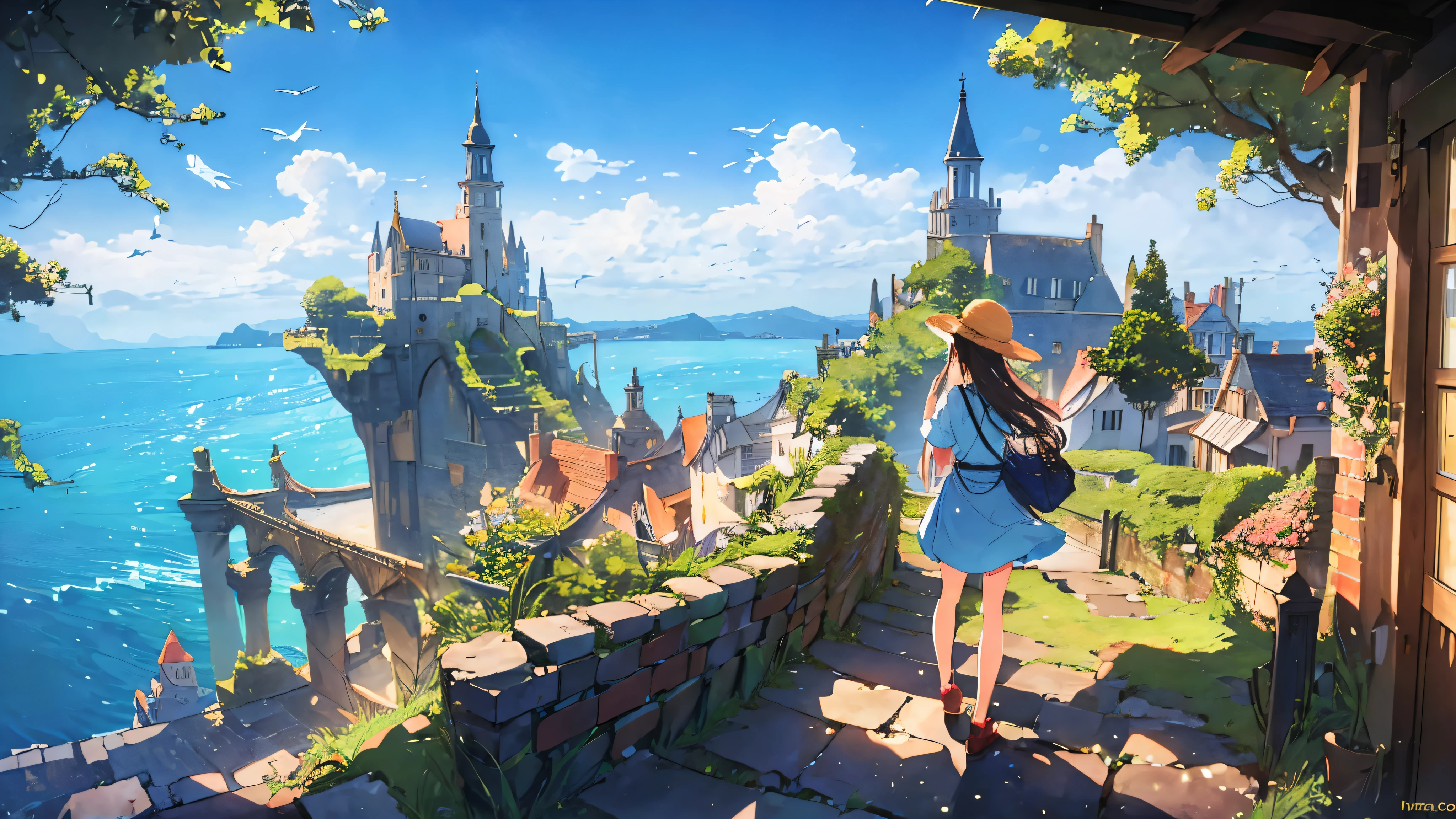 high resolution、Fantasy、landscape、Europe、Anime Style、beautiful Overlooking the cityscape Young girl back view Straw hat、Nostalgic、Ocean brick stairs