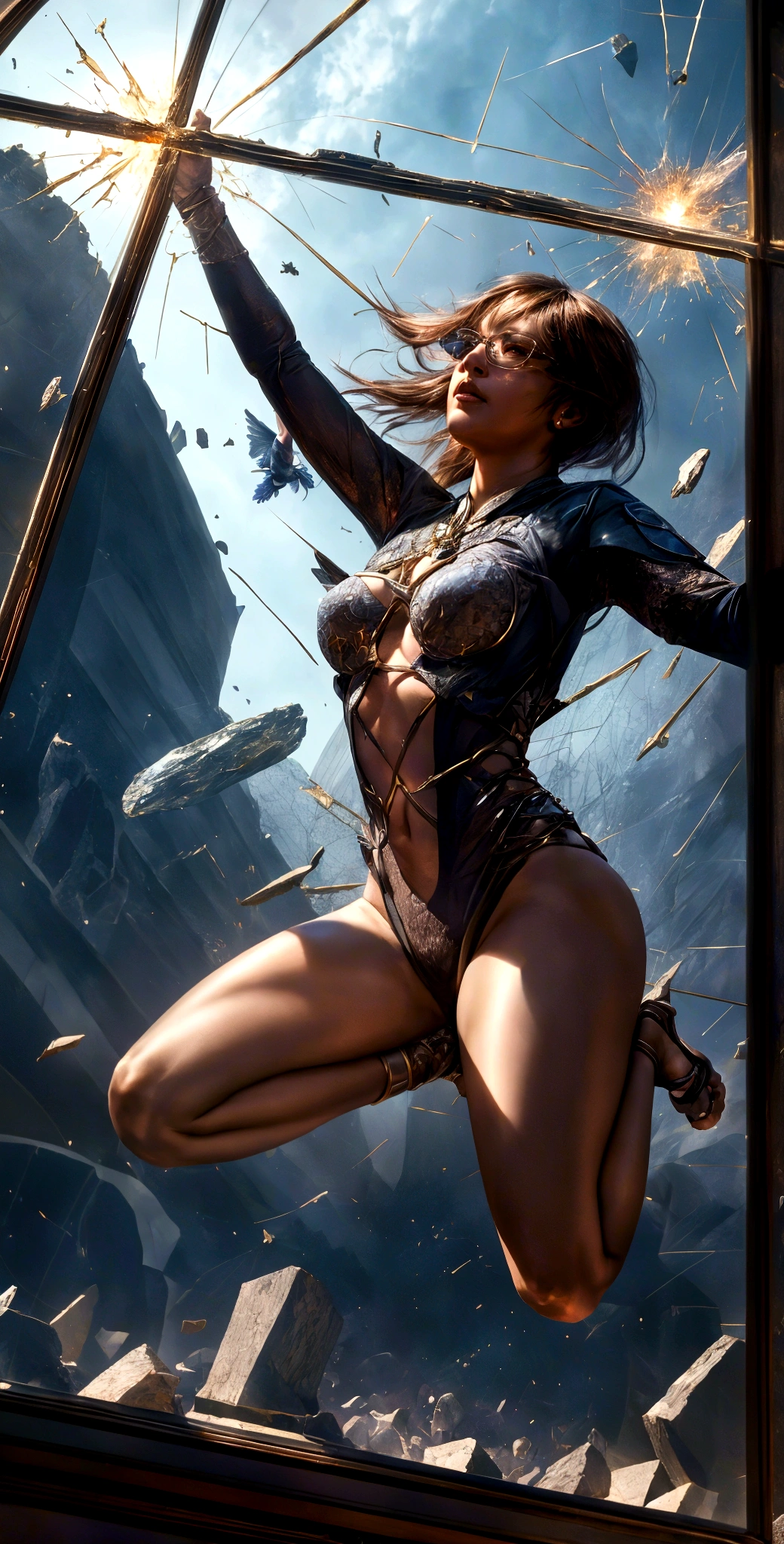 (A woman: 1.4) Jump Fly, Smash Glass, Crowd, Glare, Shattered, Libra, Center of Frame, Delicate Picture, Fine Detail, HDR, 8k, Award-winning Photography
