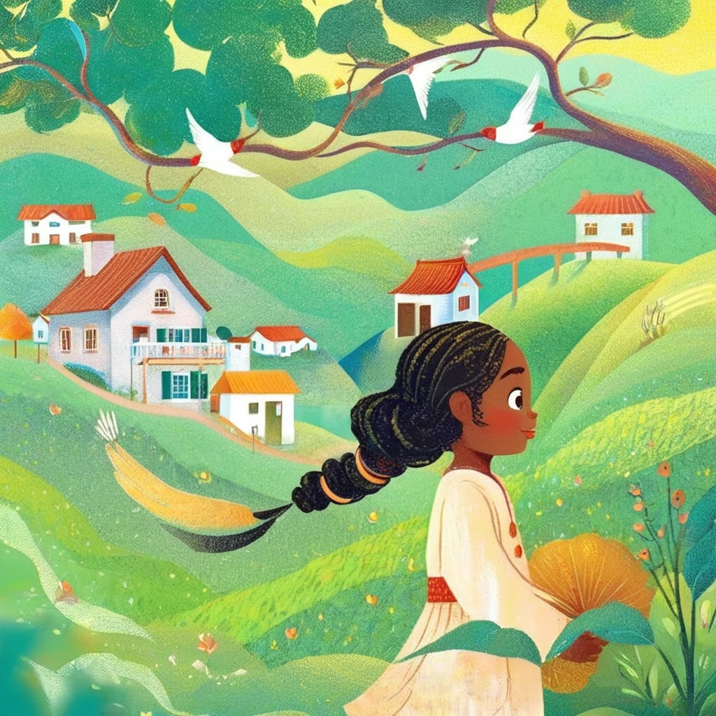 Digital illustration art, a comical illustration of a adorned with many houses, trees, roots, a little swallow, etc. on her head. Her hair is composed of many houses and trees, and the background is green trees and hills (the background blends with the little girlurrounded on both sides, it evokes the charm of a charming rural landscape. White background, the whimpering sound of Chinese calligraphy, vivid Ferdinand du Puigaudeau, Victor nizovtsev, retro tones, sparkling, reflective, best number, 8K, high-definition, high-resolution, dual exposure, beautiful digital illustrations,