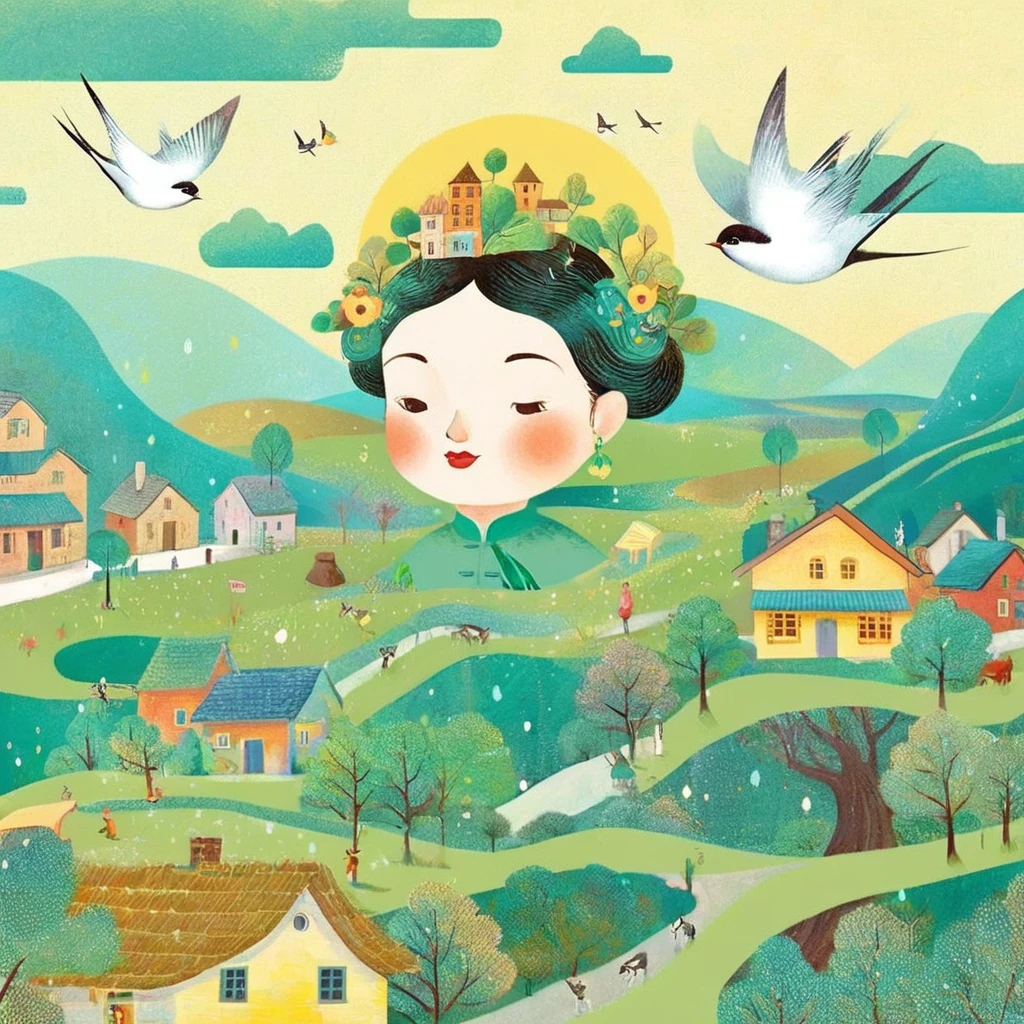 Digital illustration art, a comical illustration of a little girl adorned with many houses, trees, roots, a little swallow, etc. on her head. Her hair is composed of many houses and trees, and the background is green trees and hills (the background blends with the little girl's hair). Surrounded on both sides, it evokes the charm of a charming rural landscape. White background, the whimpering sound of Chinese calligraphy, vivid Ferdinand du Puigaudeau, Victor nizovtsev, retro tones, sparkling, reflective, best number, 8K, high-definition, high-resolution, dual exposure, beautiful digital illustrations,