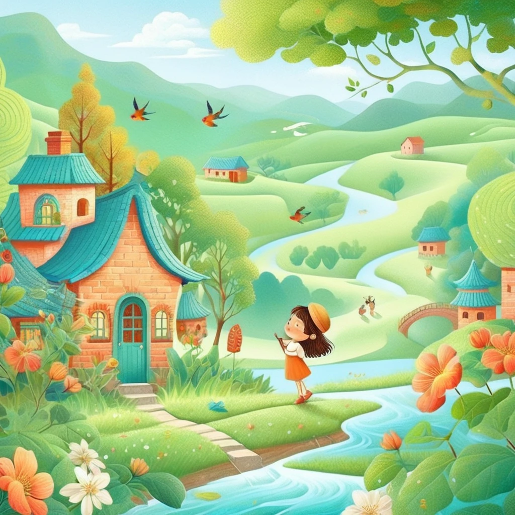 Digital illustration art, a comical illustration of a girl adorned with many houses, trees, roots, a little swallow, etc. on her head. Her hair is composed of many houses and trees, and the background is green trees and hills (the background blends with the littles hair). Surrounded on both sides, it evokes the charm of a charming rural landscape. White background, the whimpering sound of Chinese calligraphy, vivid Ferdinand du Puigaudeau, Victor nizovtsev, retro tones, sparkling, reflective, best number, 8K, high-definition, high-resolution, dual exposure, beautiful digital illustrations,