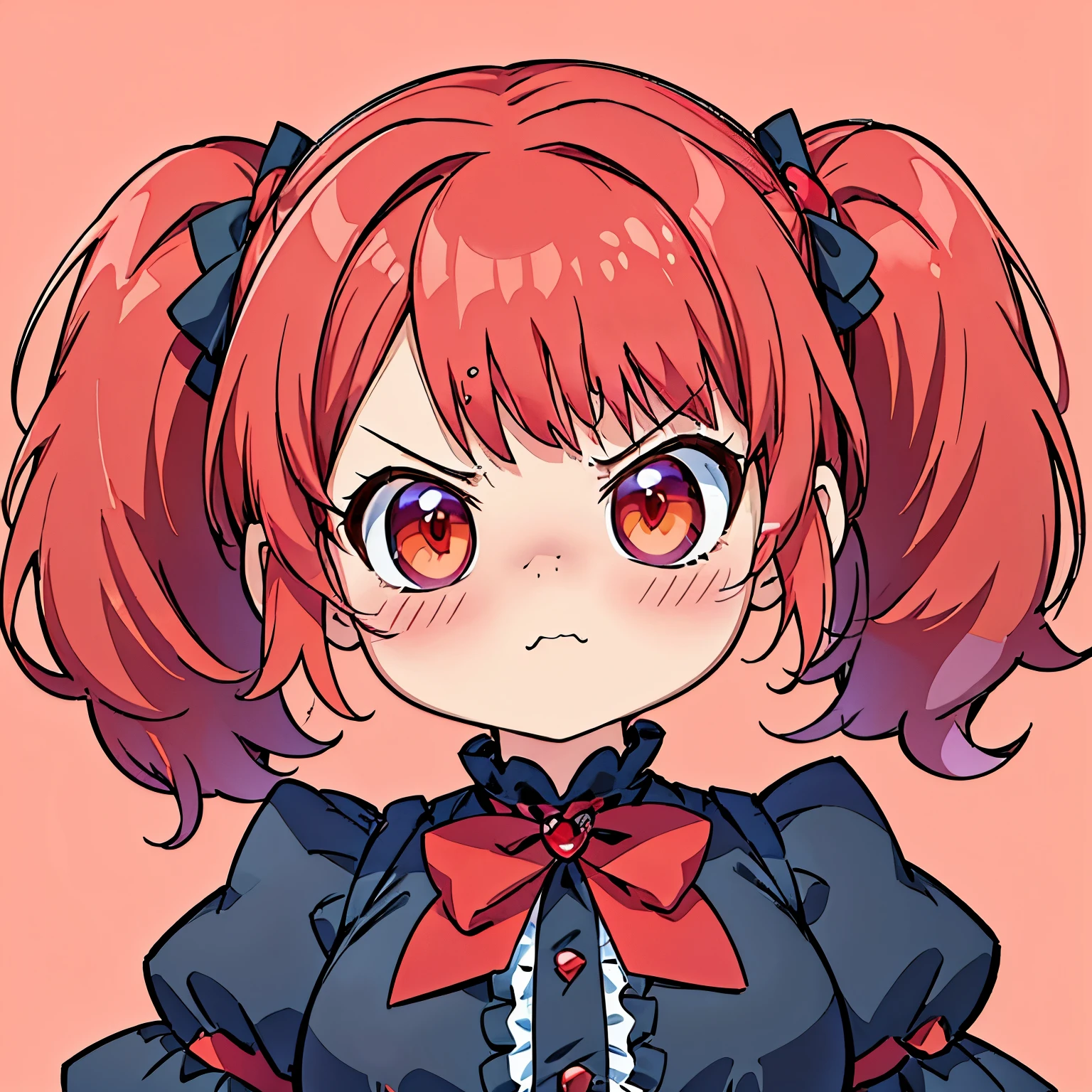 ((Highest quality)), ((masterpiece)), (detailed), Perfect Face, Perfect Arms, anime, Ultra-fine illustration, One girl, ((Chibi Character)), Red Eye, Red hair twintails, Gothic ****ta, (Puffy Cheeks:1.6) (Furious expression:1.5), Upper Body Shot, Rose color,