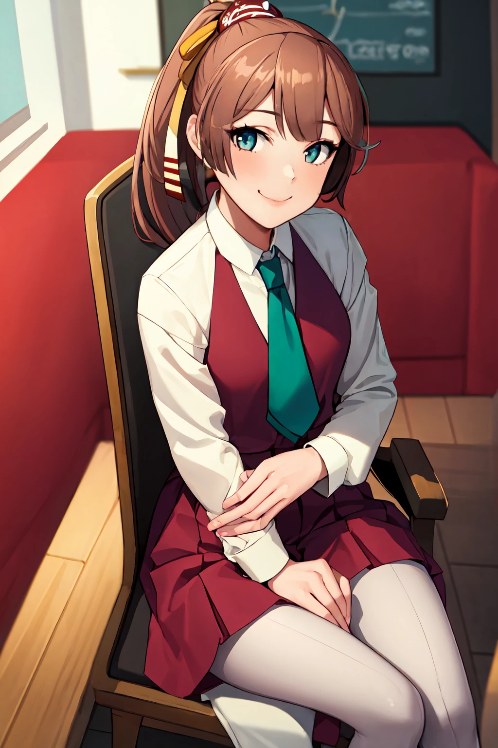 (masterpiece, best quality:1.2), cowboy shot, solo, 1girl, kazagumo, smile, looking at viewer, sitting, chair, ponytail, hair ribbon, , dress, halterneck, white shirt, necktie, grey pantyhose