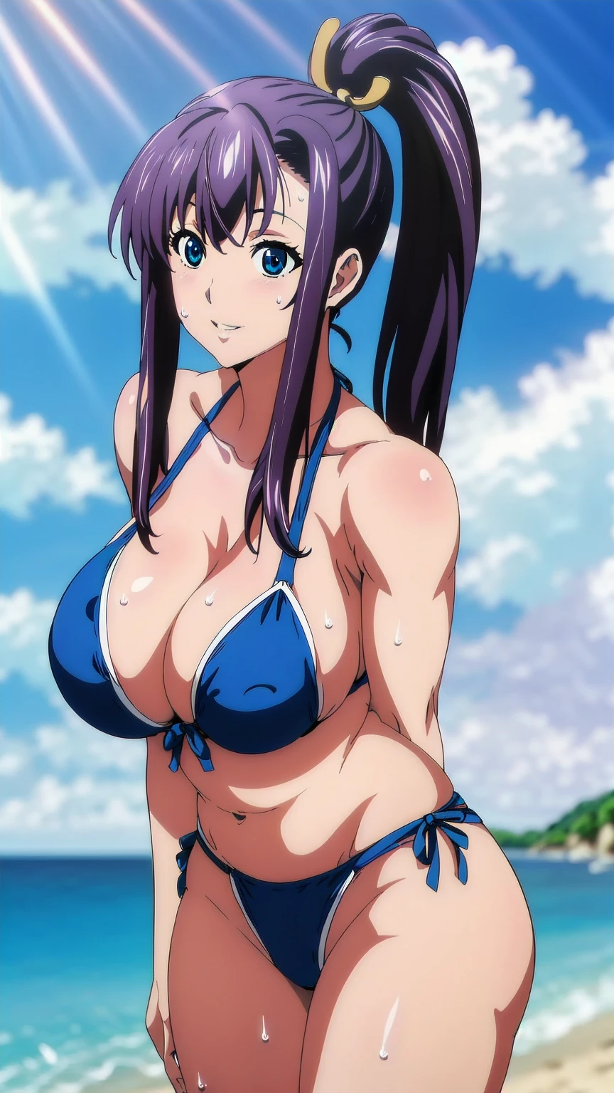 
Blue Eyes, Purple Hair, bangs,Side Ponytail, hair ornaments, Smiling, looking at the viewer, blue theme, blue background, cloudy sky, sunlight, sweat, orgasmic, bikini swimsuit, large breasts, cleavage, belly button exposed, collarbone, thighs, sea and beach,