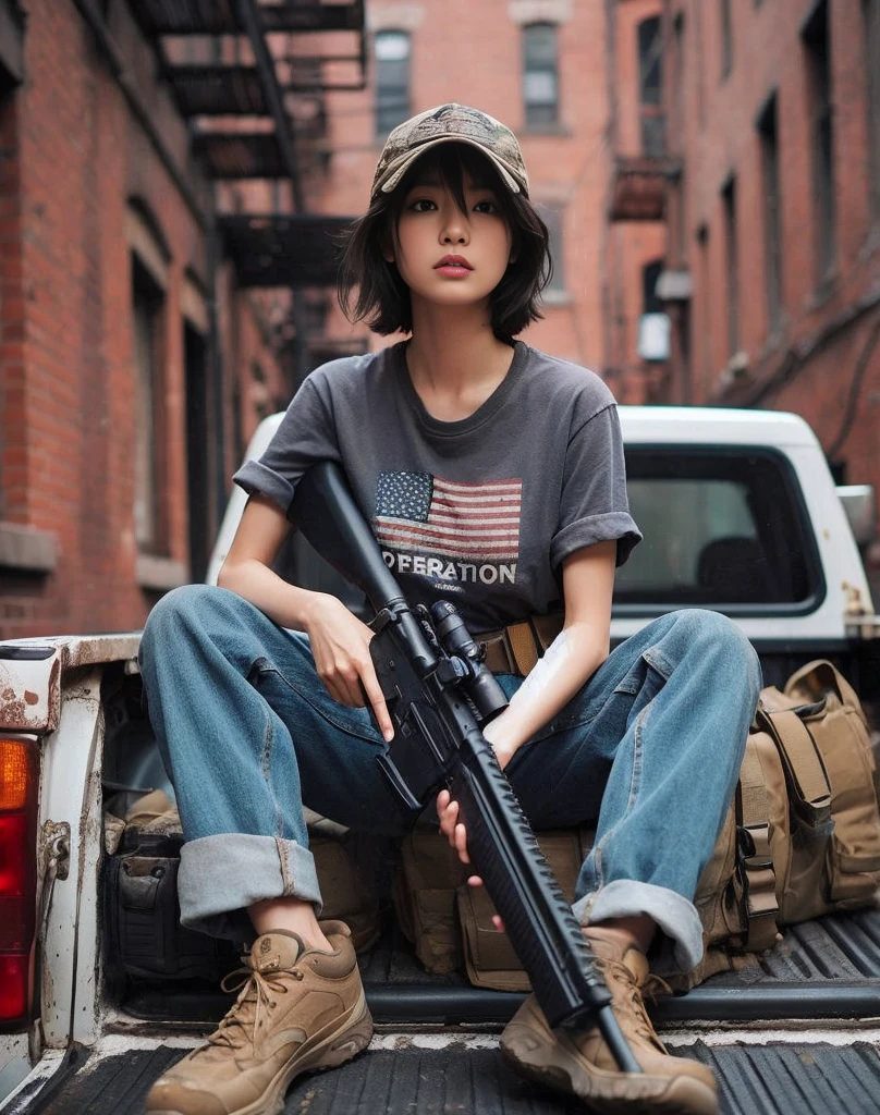 8K,Realistic Photo、Realistic Skin Texture、Superrealism、Japanese woman living in America、Operation、In a mid-sized American city、Old brick building、mortar、Loose Fit T-Shirt、Denim pants、Dirty sneakers、Hunting rifles、Dirty alley、Baseball Cap、Crouched in the bed of an old pickup、Natural pose、Innovative composition
