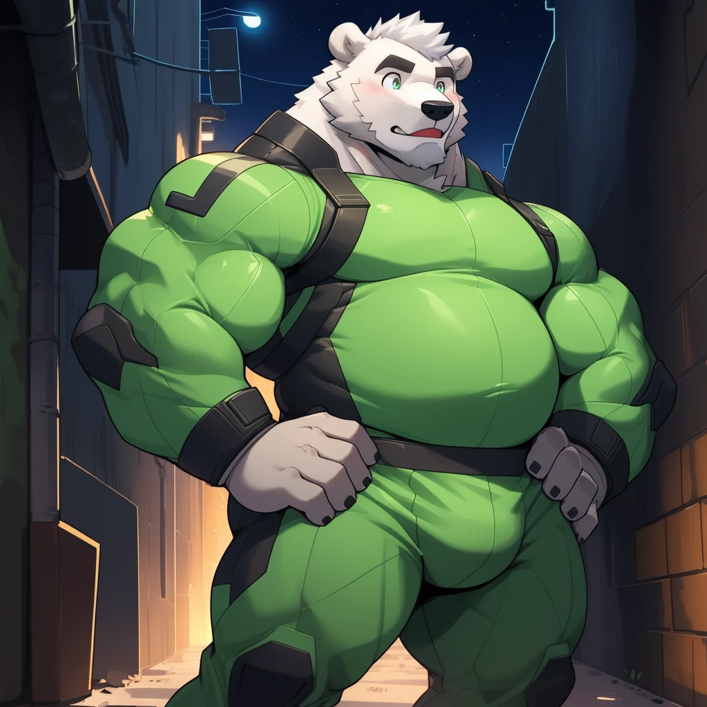 masterpiece, best quality, 8k resolution, Very detailed, hairy,(((Polar Bear)),(((Mature))),(((beard))),(((Strong))),(((White hair))),portrait,(((White hair))),(((With orange))),(((outdoor))),For the audience,(((Light Green Hero Bodysuit))),Highest quality scenes,solitary,(((whole body))),(((Hands on hips))),(((Alley))),(((surprise))),((Fat-wrapped muscles)),(((Father))),(((Round Face))),(((Solitary))),(((Strong body))),(((Bulging buttocks))),(((Night)))