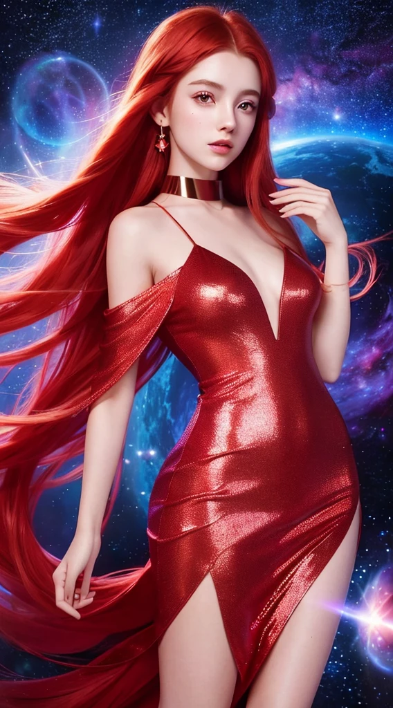 4K ultra hd, masterpiece, a girl with a magical aura, good face, long hair, red hair, shining hair, detailed eyes, glossy lips, wearing a dress in color red, aura around the body, magical effects, spreading blue and red lights, Cosmic elements and ethereal atmosphere, A mix of bright lights and colorful nebulas, universe background, whole body capture.
