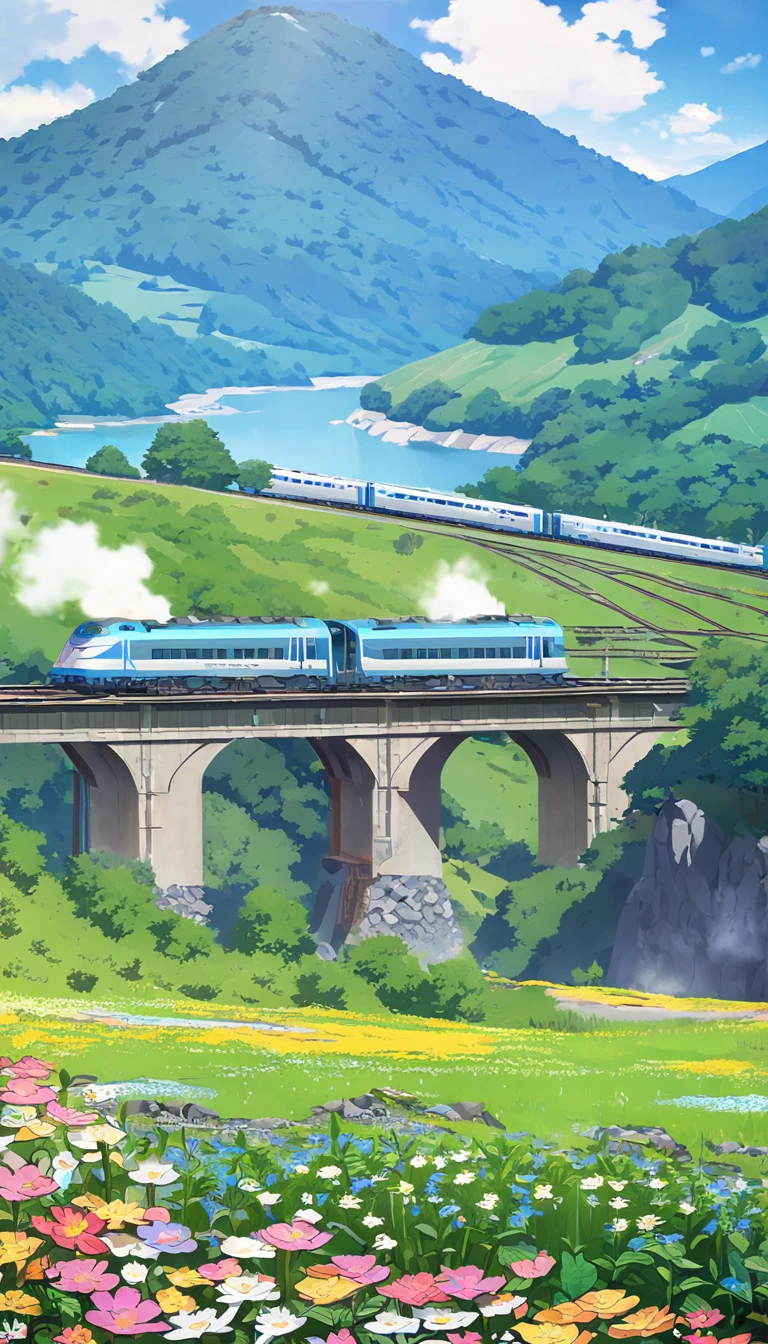 (A long high-speed train loaded with coal), railway tracks extending from mines, on bridges,Flower Field,hillside,Hiking, plateau, summer,nobody