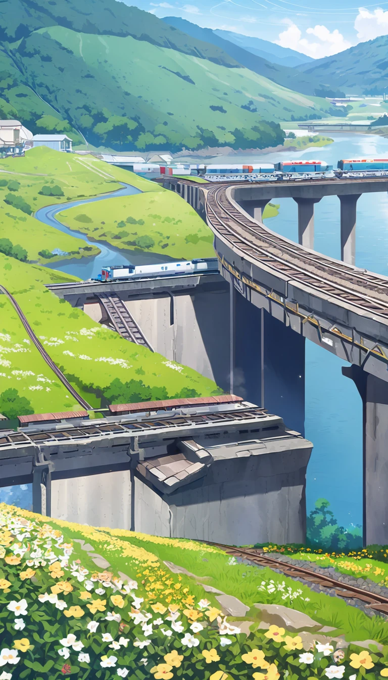 (A long high-speed train loaded with coal), railway tracks extending from mines, on bridges,Flower Field,hillside,Hiking, plateau, summer,nobody