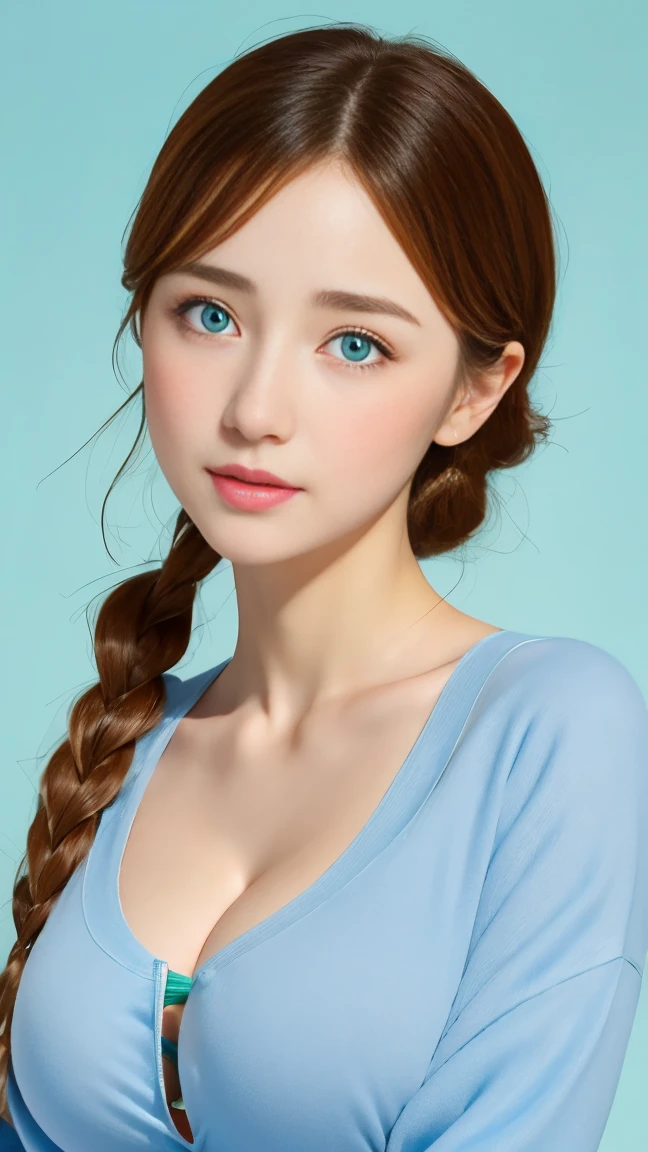 super realistic images,  girl, cute face 16 yearsiful skin、fine-textured skin、An ennui look、french braid、ash gray hair、green eyes, a little freckled, huge  cleavage, massive busty cleavage, ,  blue eyes,  perfect teyes, gigantic large breasts,,  big , huge breasts, gigantic busty , thick , big naked hanging ,  professional lighting,  solid blue background
light makeup eyes,  flat solid color background,  
,hyper breasts,gigantic breasts,large breasts, doing yoga, three line sweatshirt、I can see your belly button、often play sports、Jacket, highest quality、ultra high resolution、masterpiece:1.5、portrait